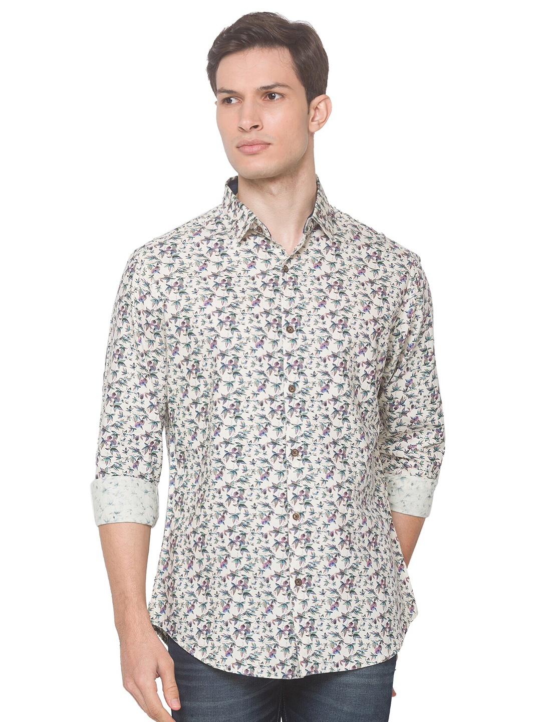 SNX Floral Printed Classic Tailored Fit Pure Cotton Casual Shirt, Cream