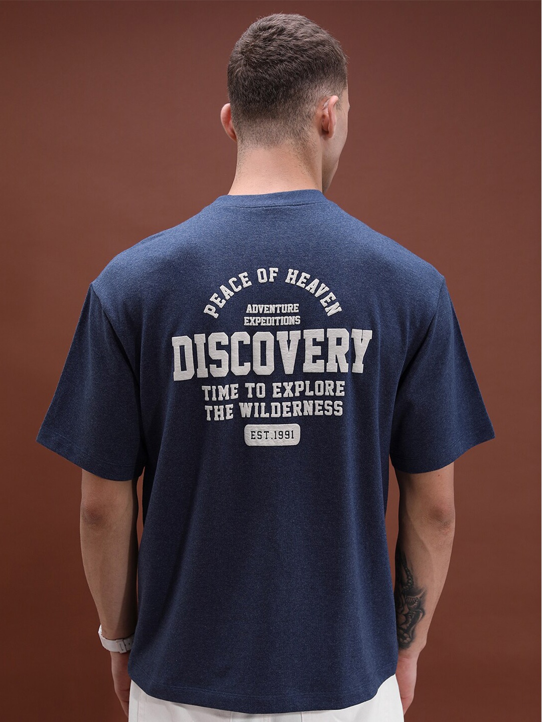 

HIGHLANDER Unisex Typography Printed Drop-Shoulder Oversized T-shirt, Navy blue