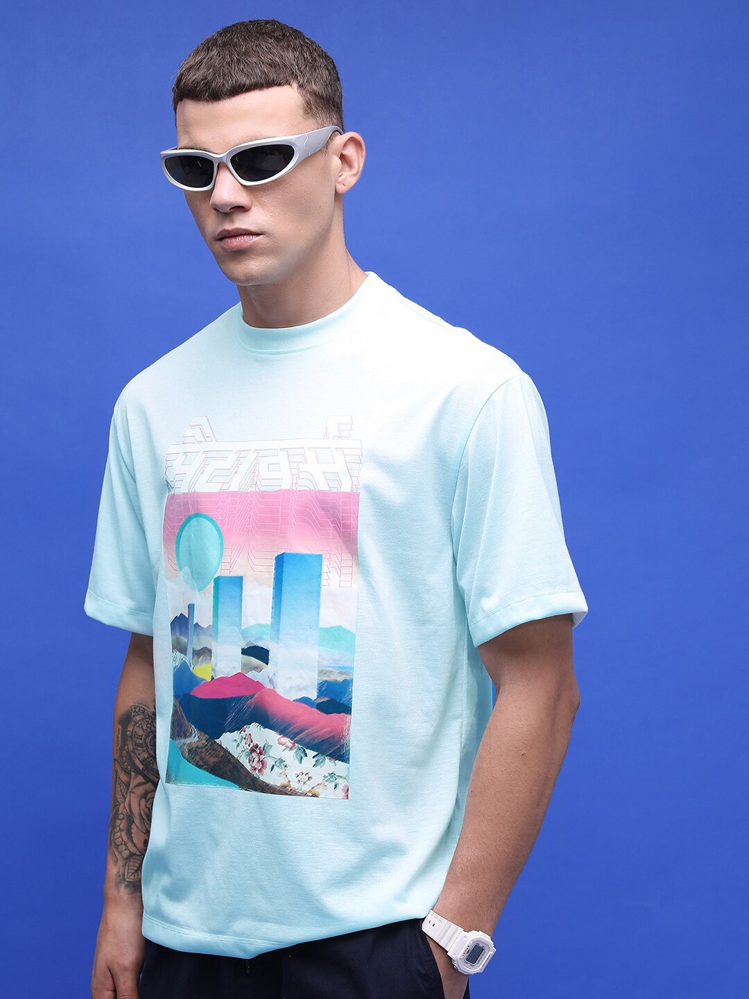 

HIGHLANDER Unisex Graphic Printed Drop-Shoulder Oversized T-shirt, Blue