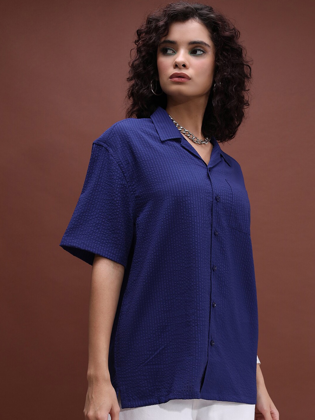 

HIGHLANDER Blue Unisex Cuban Collar Drop-Shoulder Sleeves Oversized Casual Shirt