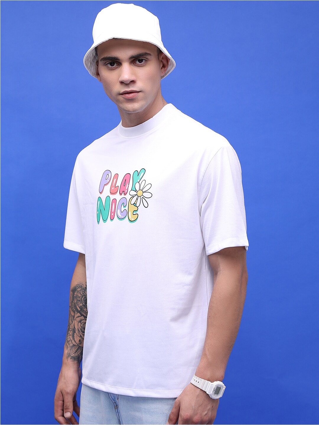 

HIGHLANDER Unisex Typography Printed Drop Shoulder Sleeves Oversized T-shirt, White