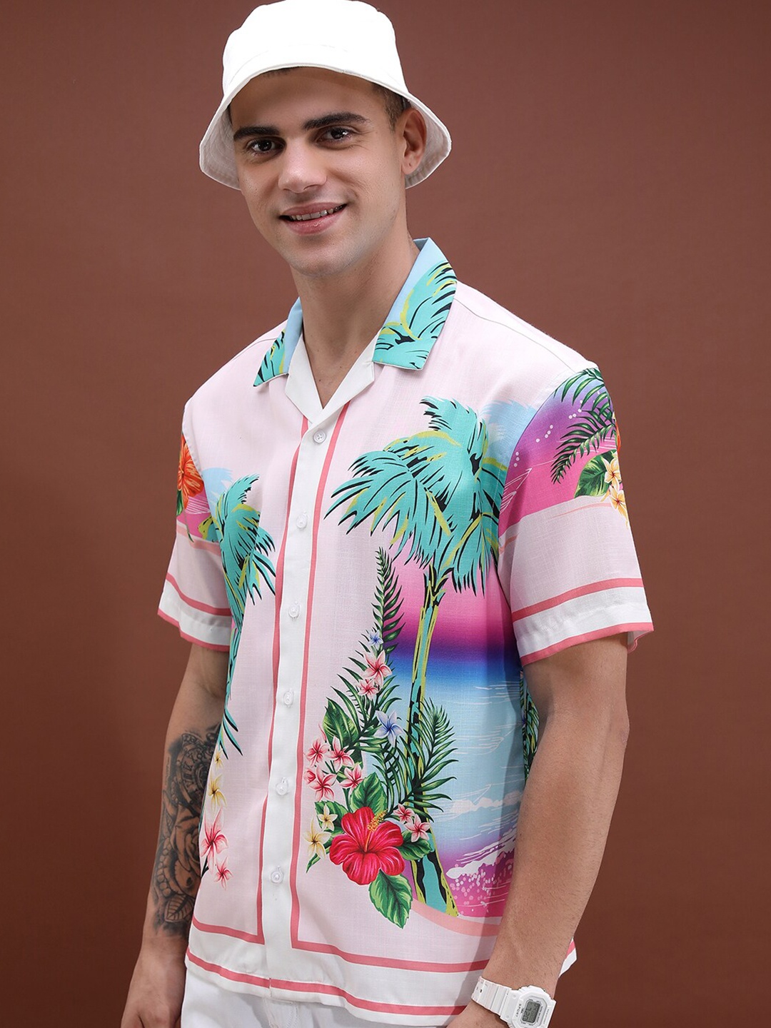 

HIGHLANDER Unisex Tropical Printed Short Sleeves Oversized Casual Shirt, Pink