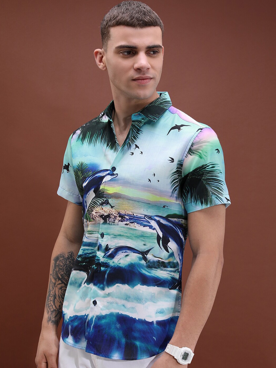 

HIGHLANDER Unisex Green Conversational Printed Drop-Shoulder Sleeves Oversized Shirt