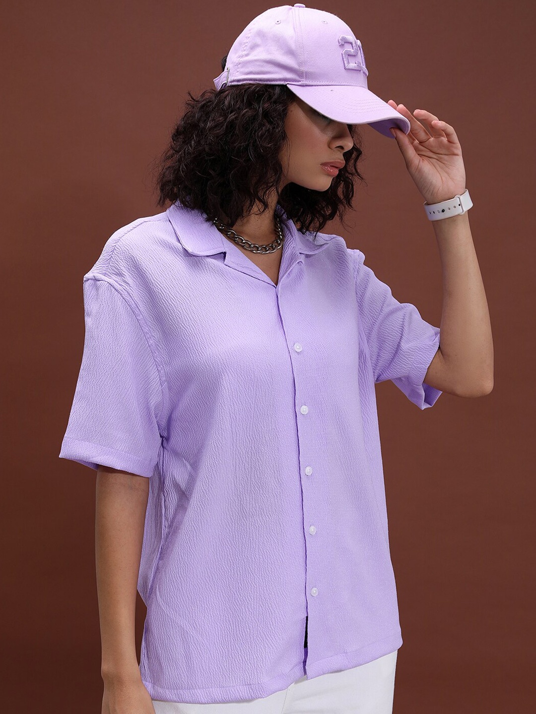 

HIGHLANDER Lavender Unisex Cuban Collar Drop-Shoulder Sleeves Oversized Casual Shirt