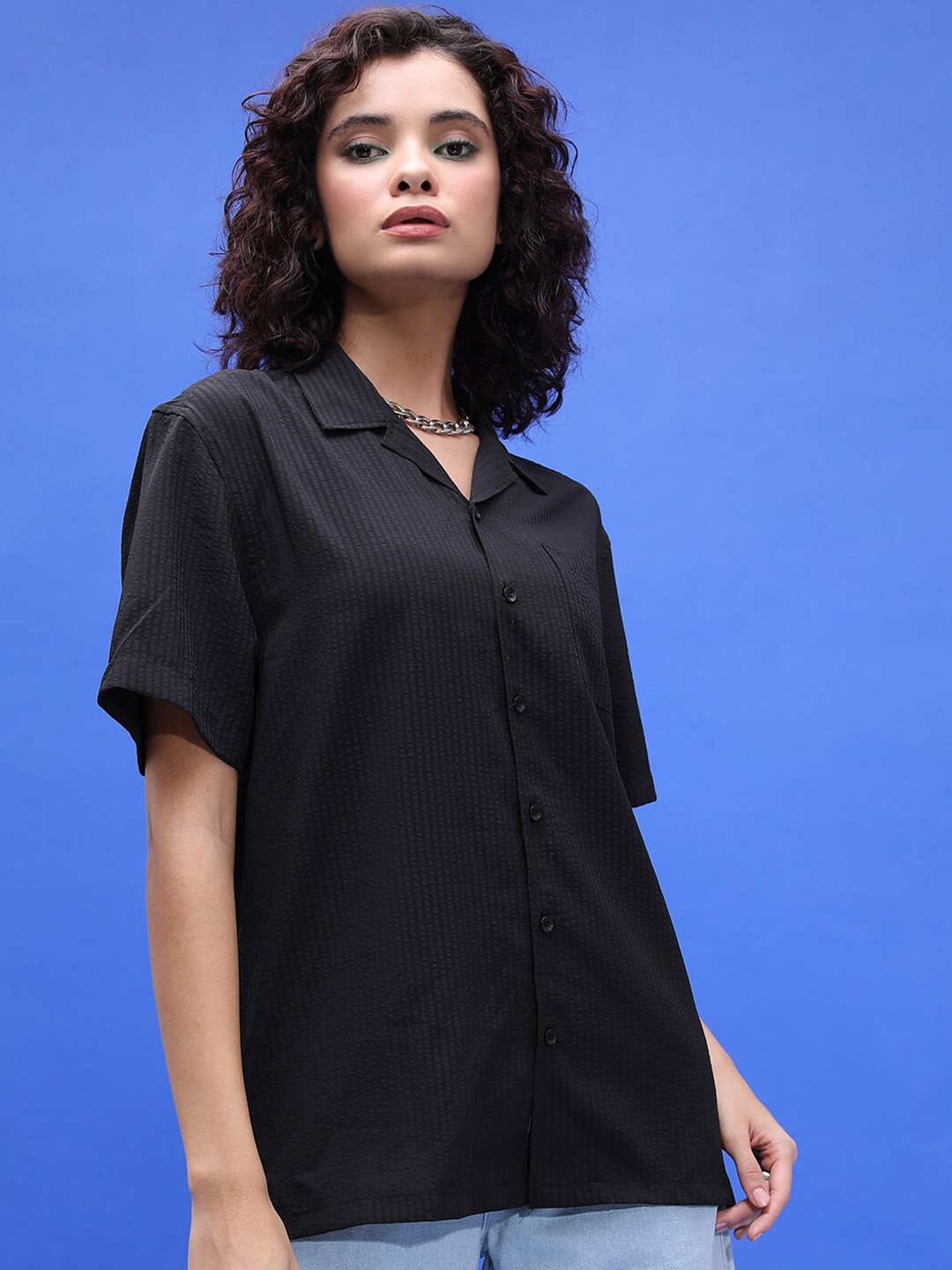 

HIGHLANDER Black Unisex Cuban Collar Drop-Shoulder Sleeves Oversized Casual Shirt