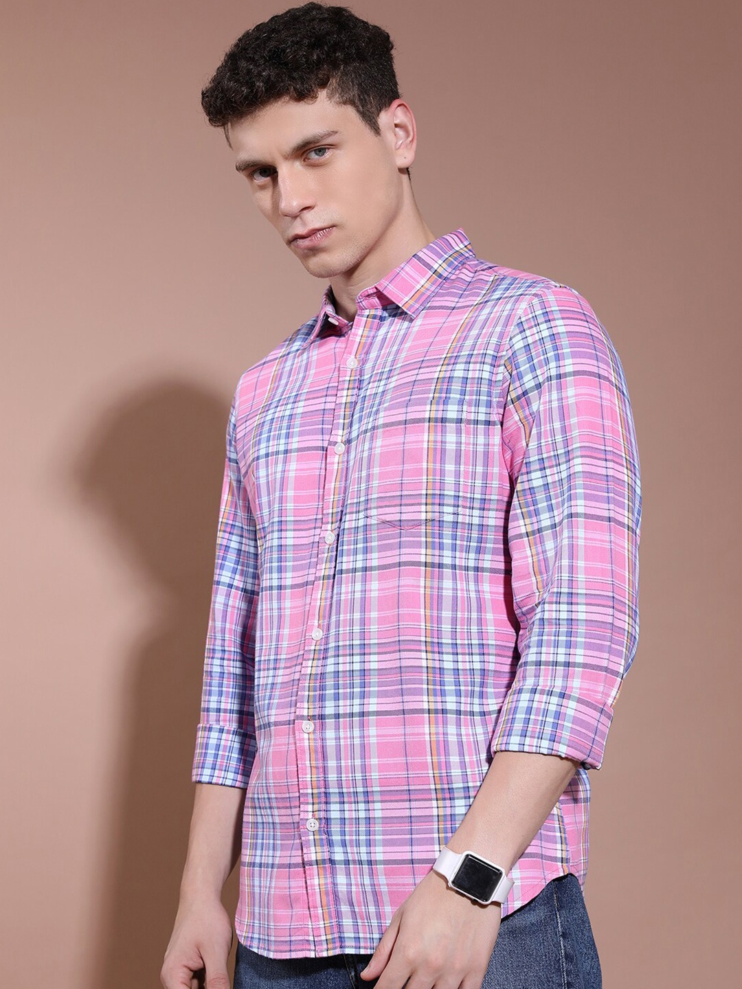 

HIGHLANDER Men Slim Fit Tartan Checked Casual Shirt, Pink