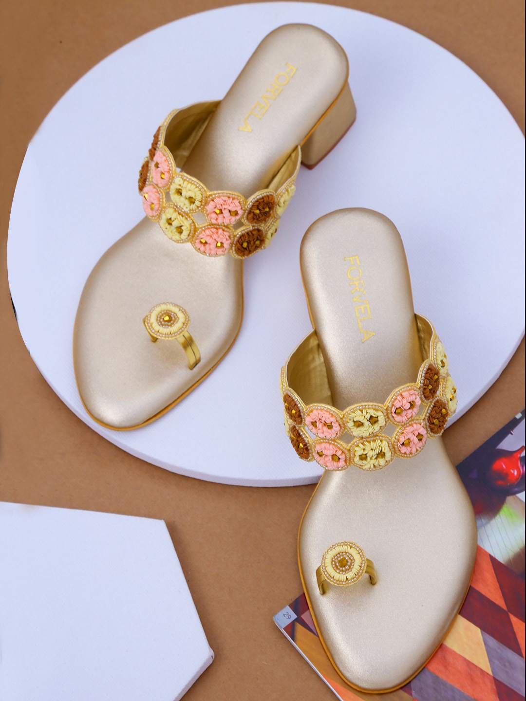 

FORVELA Embellished Ethnic Block Heels, Gold