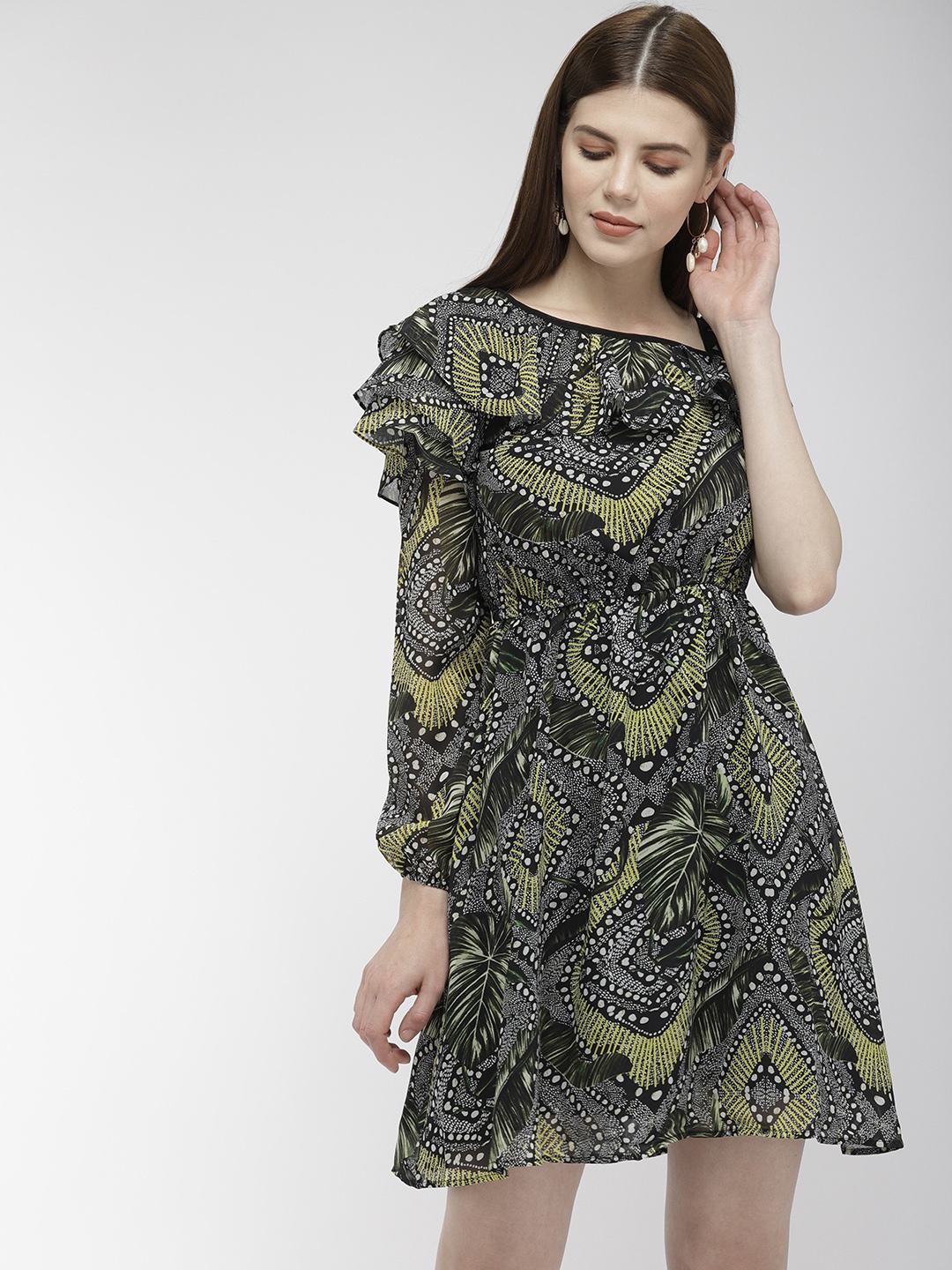 

Madame Women Black & Olive Green Printed One Shoulder Fit & Flare Dress