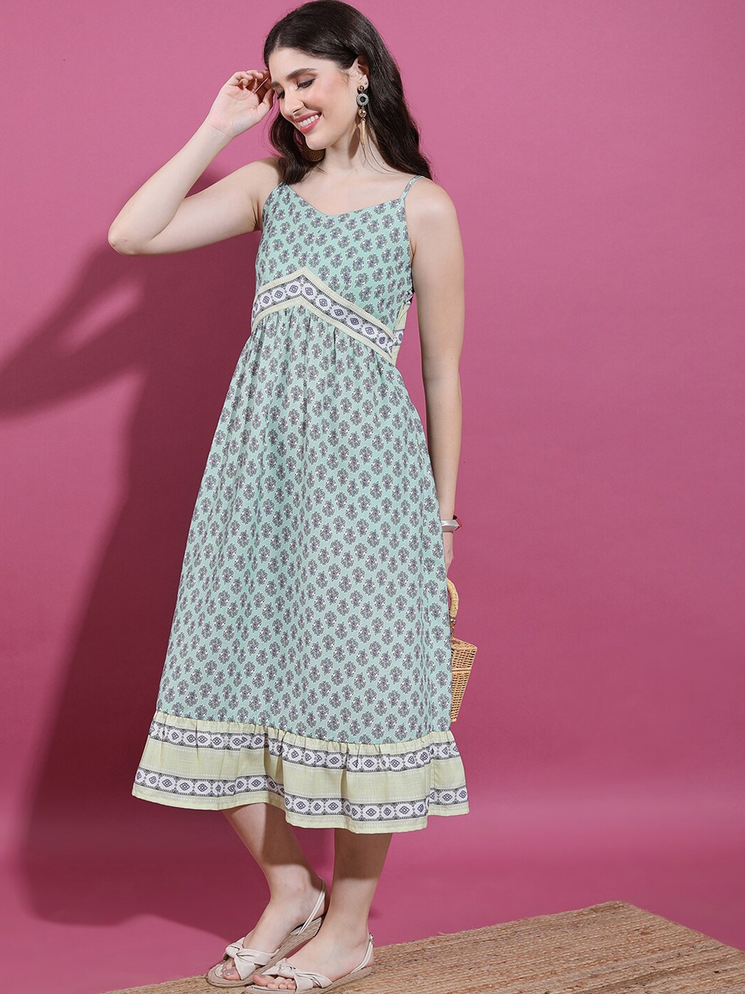 

Vishudh Blue Ethnic Motifs Printed Shoulder Straps Gathered Empire Dress, Turquoise blue