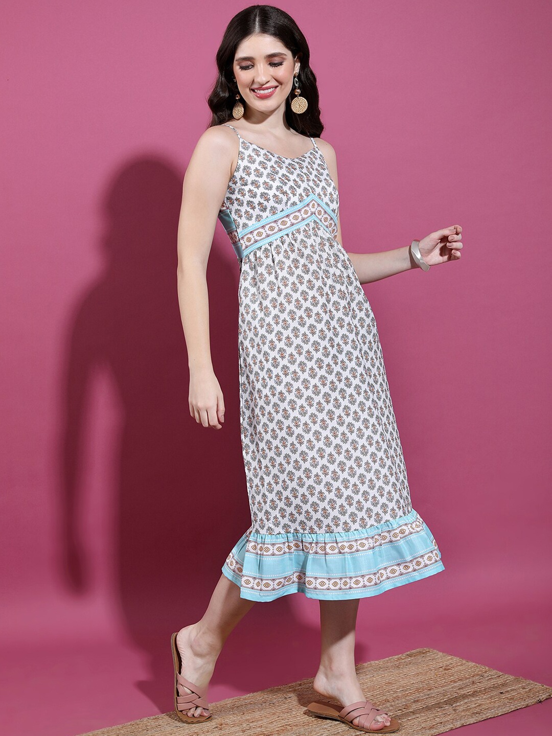 

Vishudh Ethnic motifs Printed Empire Midi Dress, White