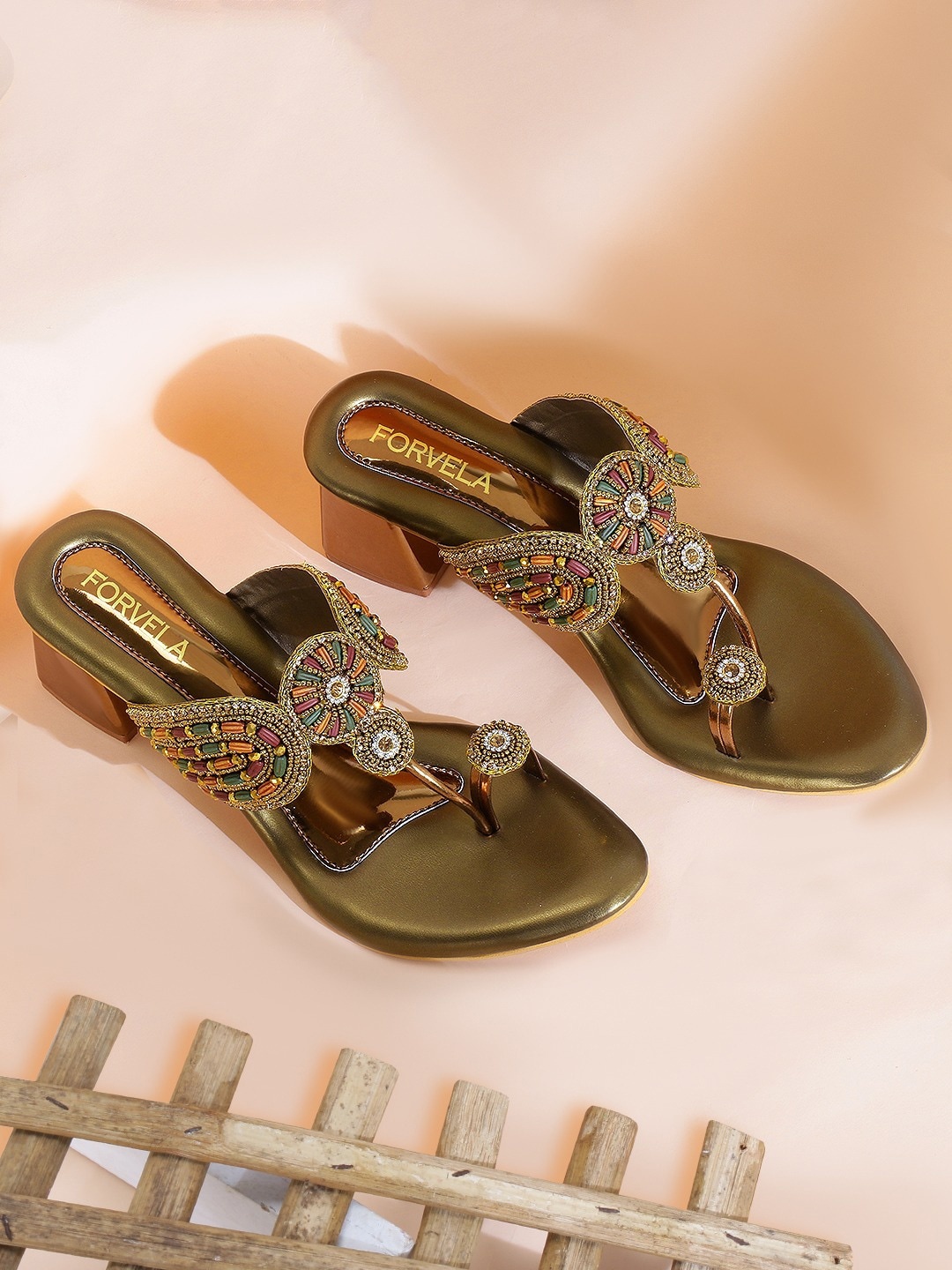

FORVELA Ethnic Embellished Block Heels, Bronze