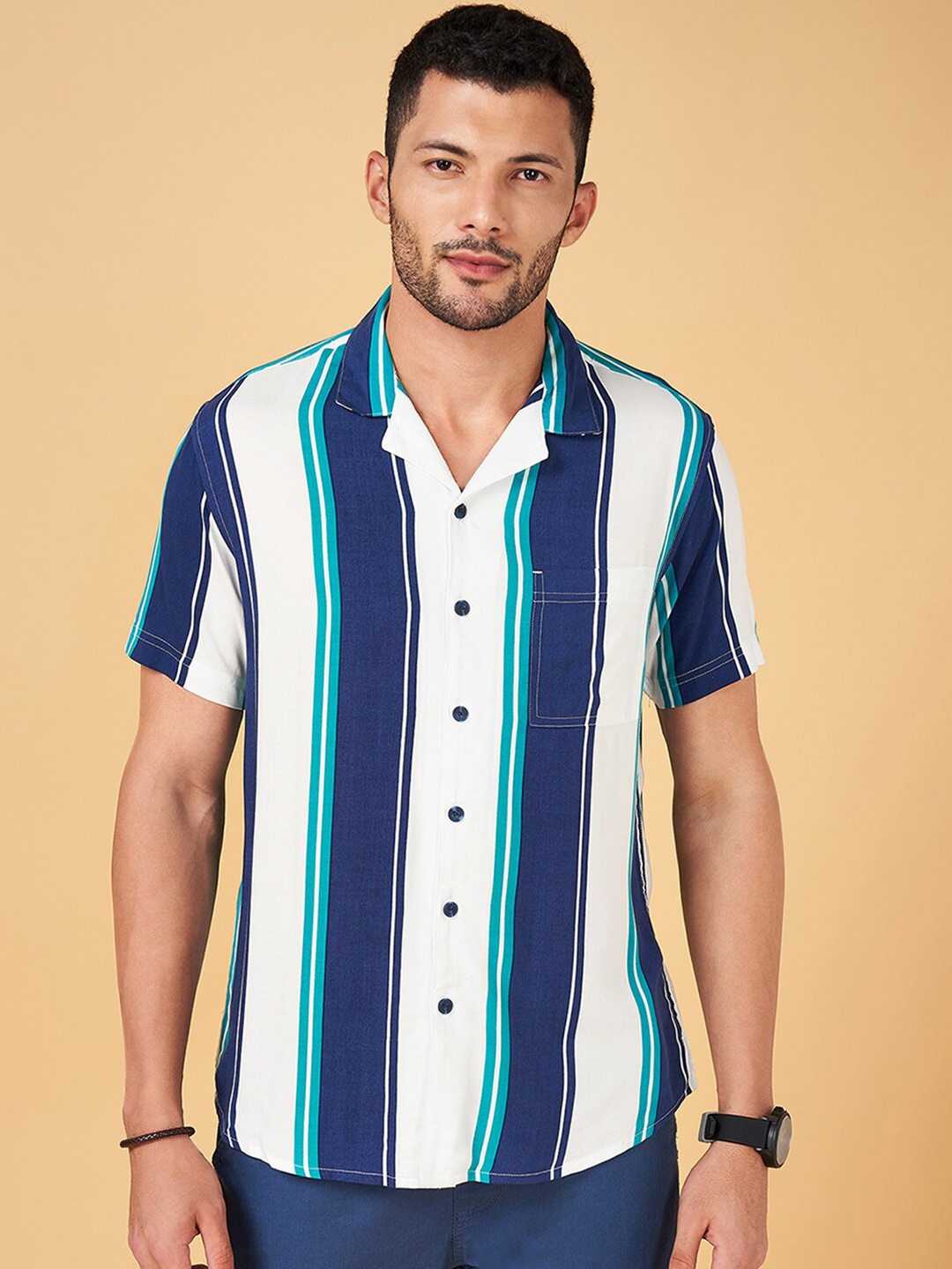 

Urban Ranger by pantaloons Slim Fit Striped Cotton Casual Shirt, Navy blue