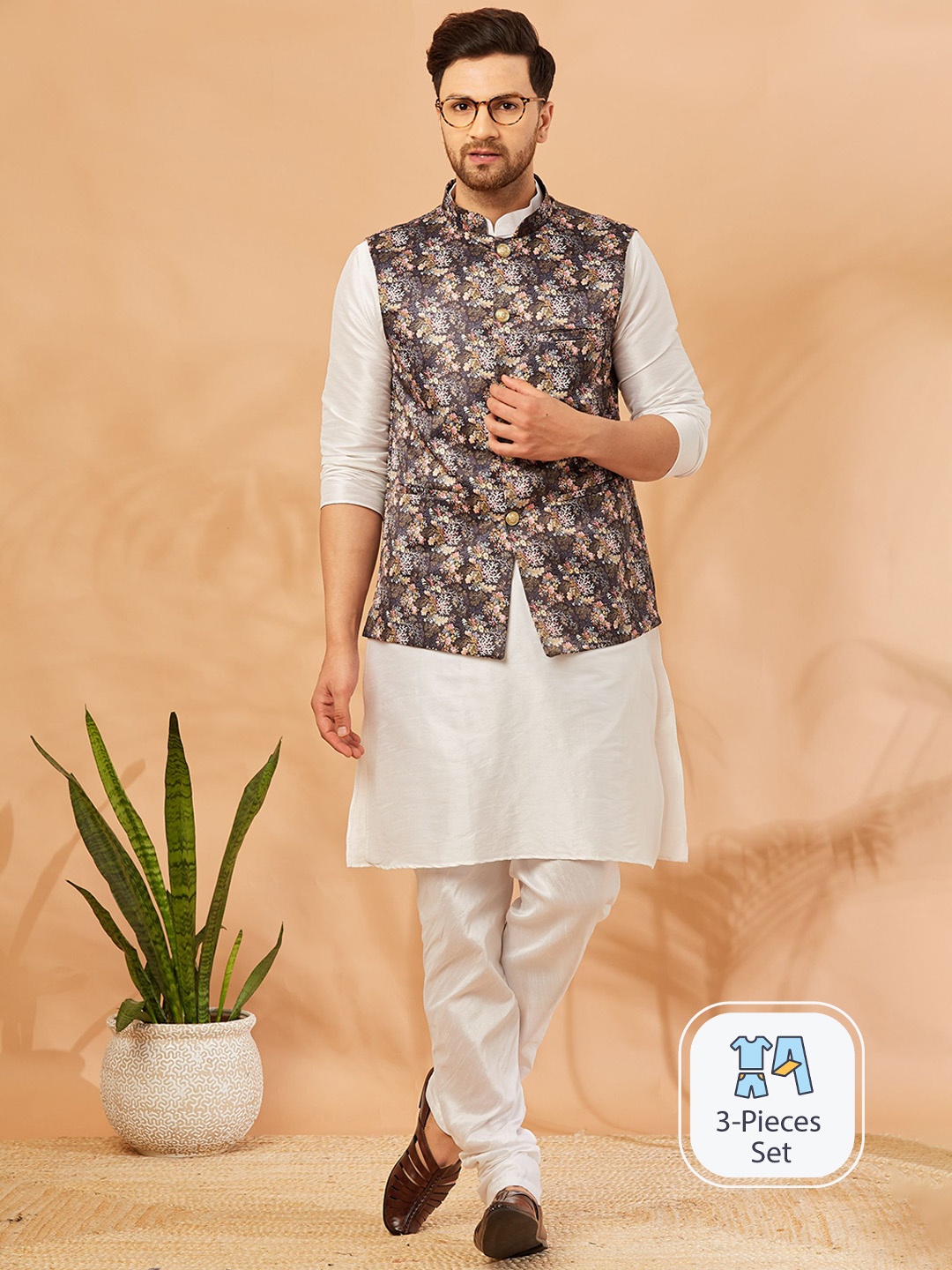 

Armaan Ethnic Mandarin Collar Dupion Silk Kurta With Churidar & Nehru jacket, White