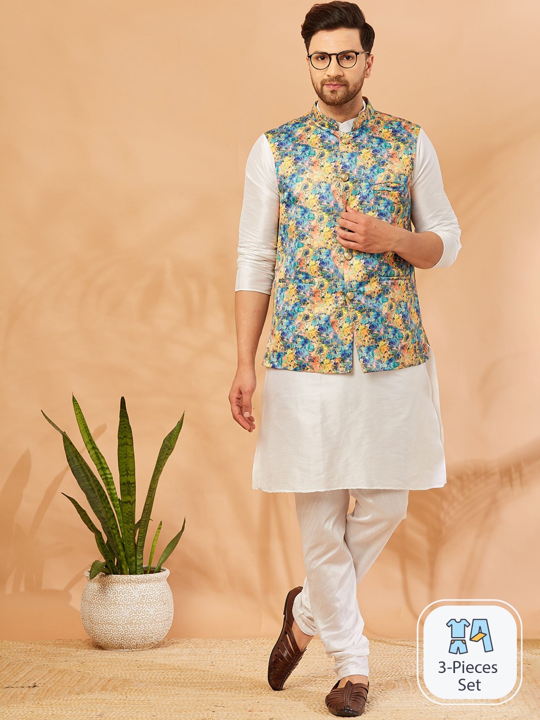 

Armaan Ethnic Mandarin Collar Dupion Silk Kurta With Churidar & Nehru jacket, Yellow