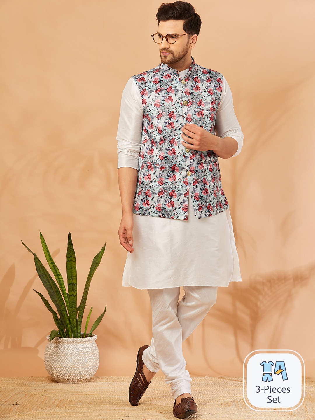 

Armaan Ethnic Mandarin Collar Dupion Silk Kurta With Churidar & Nehru jacket, Cream