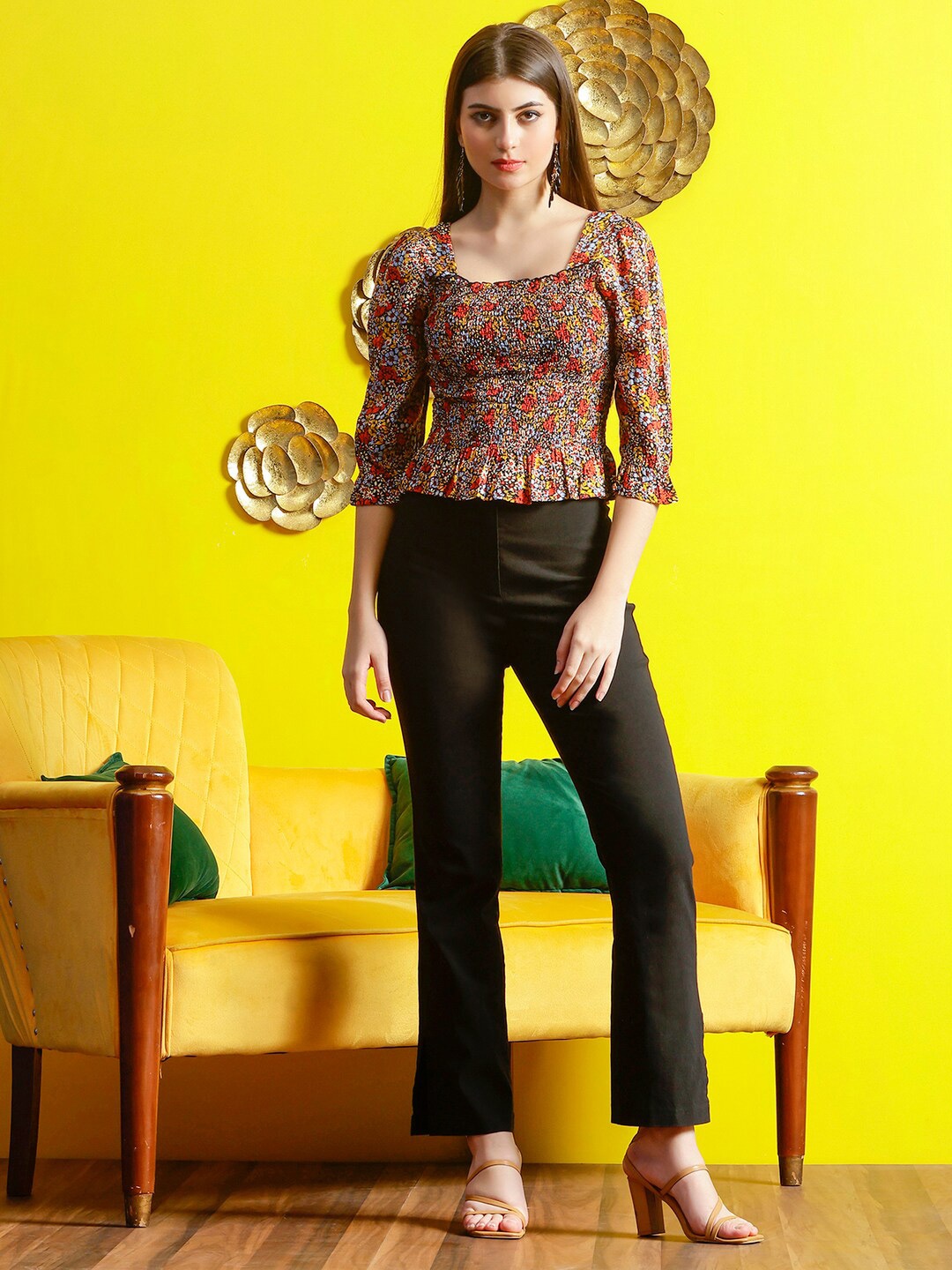 

DEBONATELLA Floral Printed Square Neck Puff Sleeve Smocked Top, Orange