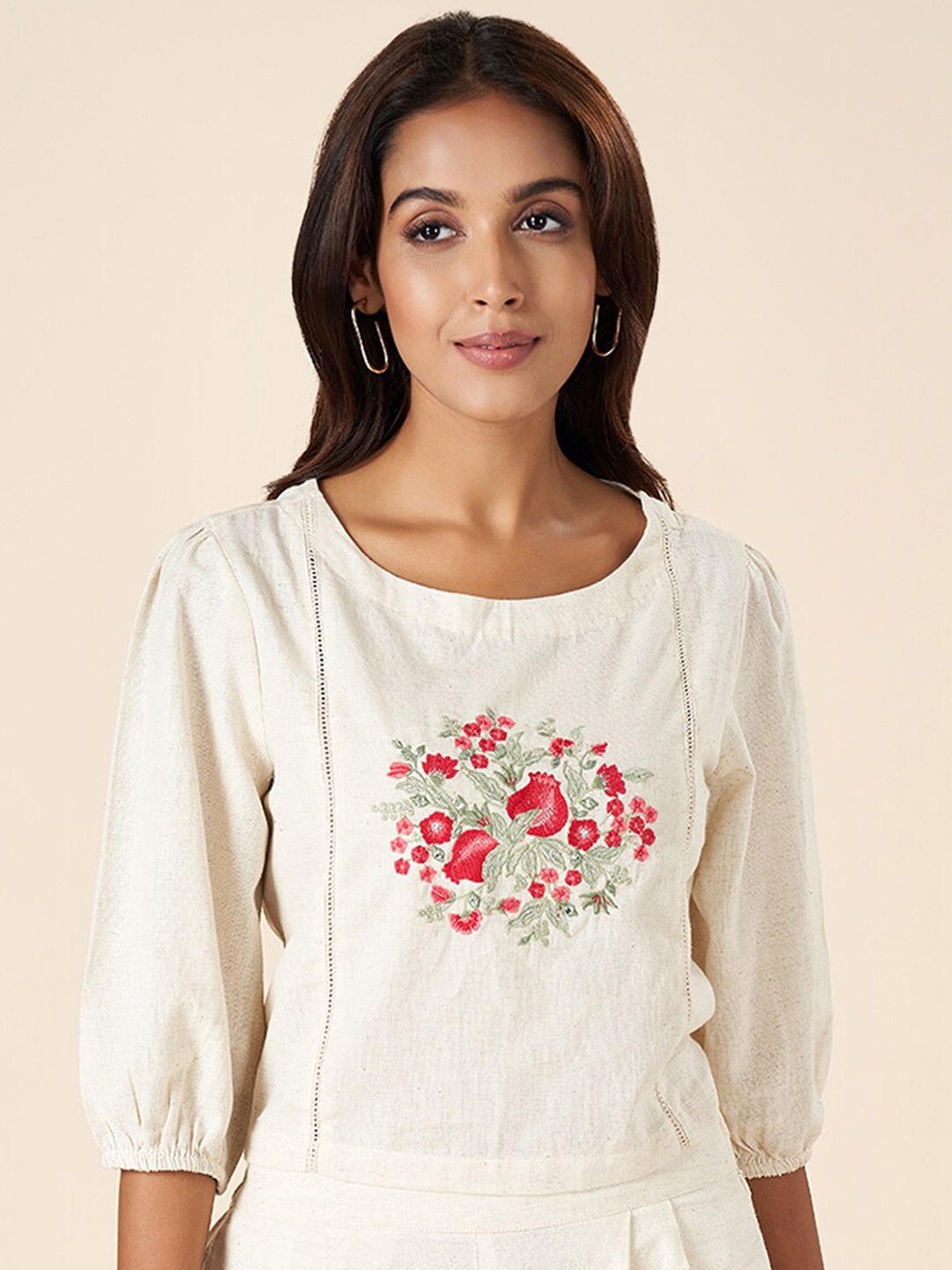 

AKKRITI BY PANTALOONS Floral Embroidered Puff Sleeve Cotton Top, Off white