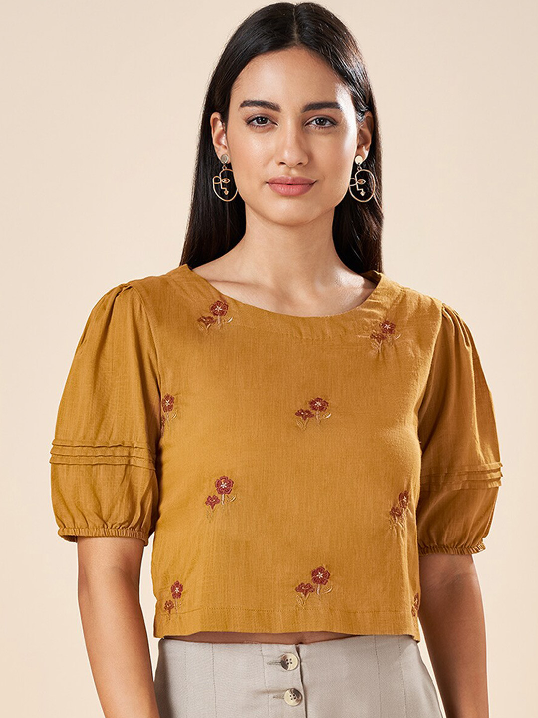 

AKKRITI BY PANTALOONS Floral Embroidered Puff Sleeve Cotton Top, Mustard