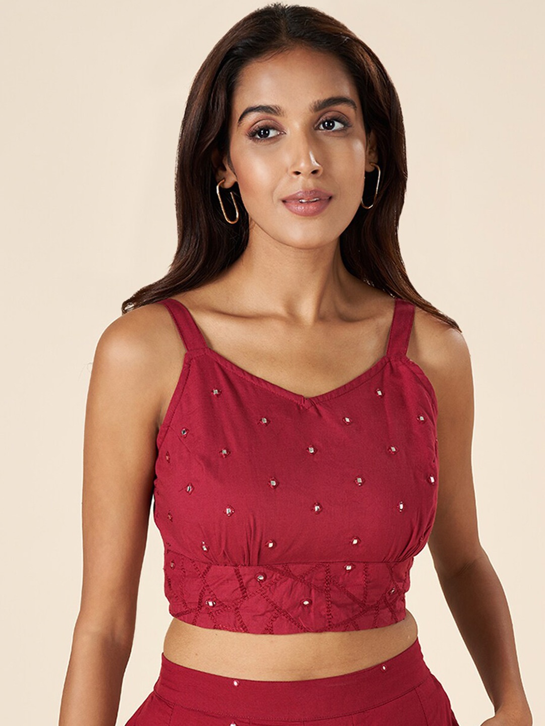 

AKKRITI BY PANTALOONS Embellished Shoulder Straps Smocking Cotton Crop Top, Red