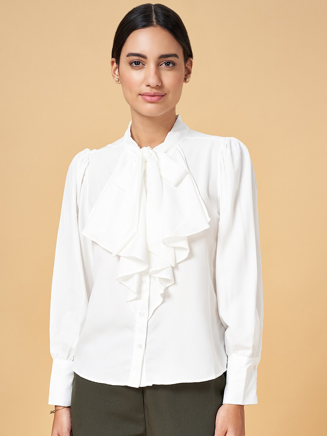 

Annabelle by Pantaloons Tie-Up Neck Ruffled Shirt Style Top, White