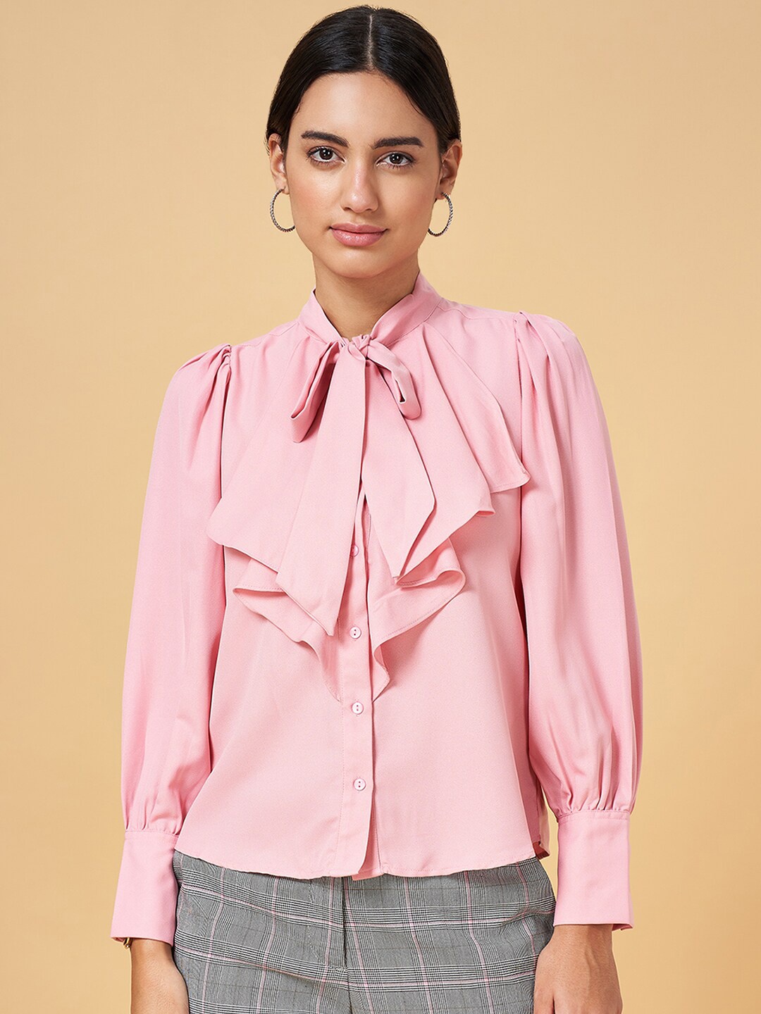 

Annabelle by Pantaloons Tie-Up Neck Puff Sleeves Shirt Style Top, Pink