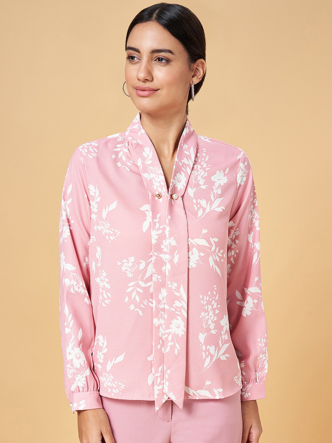 

Annabelle by Pantaloons Floral Print Cuffed Sleeves Shirt Style Top, Pink