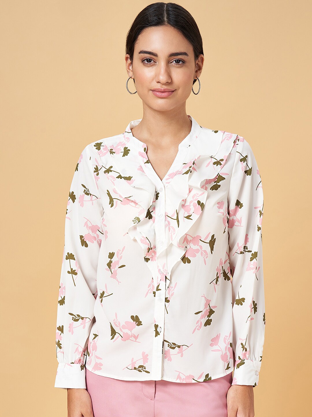 

Annabelle by Pantaloons Floral Print Mandarin Collar Shirt Style Top, White