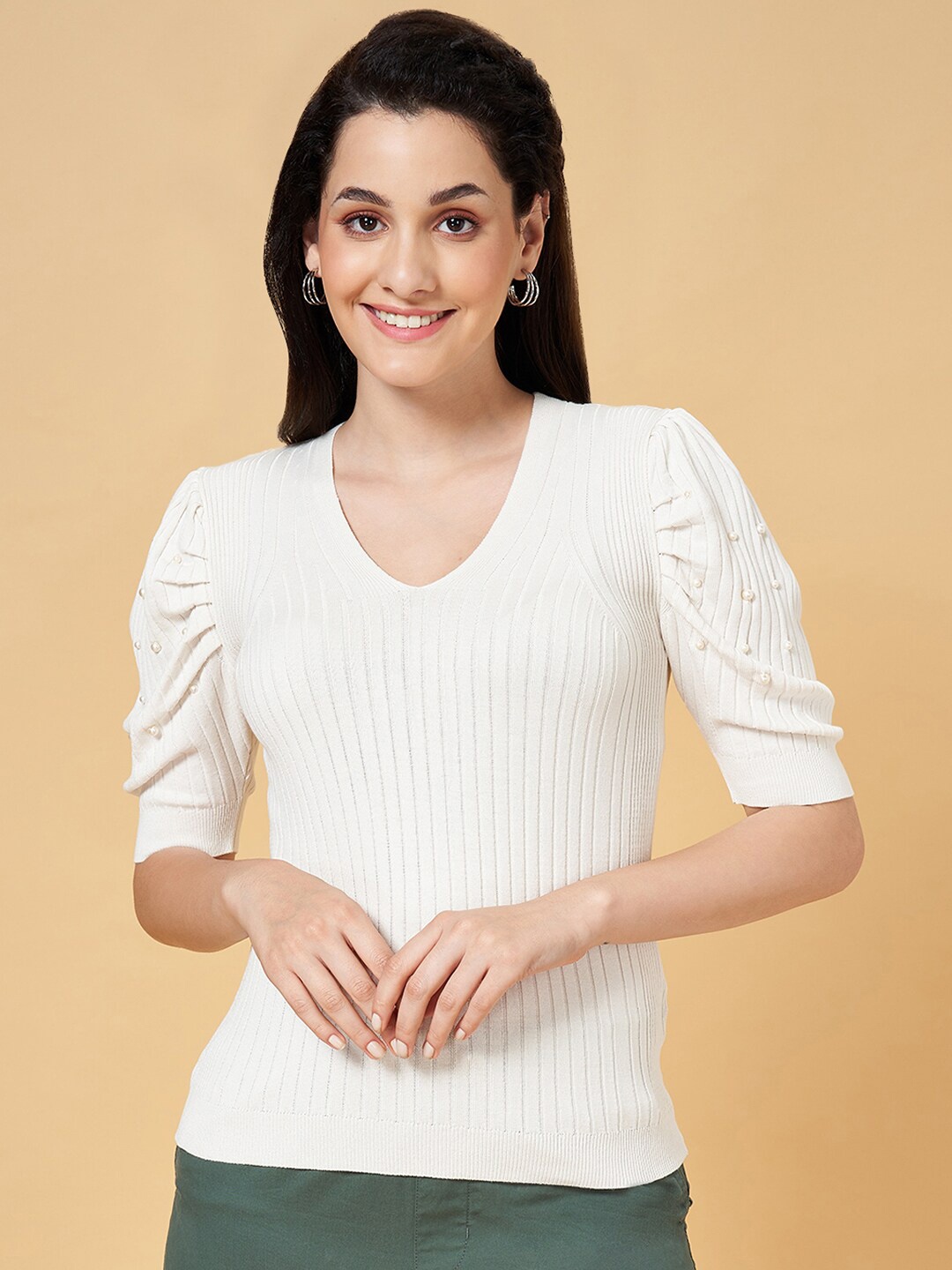 

Honey by Pantaloons Ribbed Puff Sleeve Regular Top, Off white