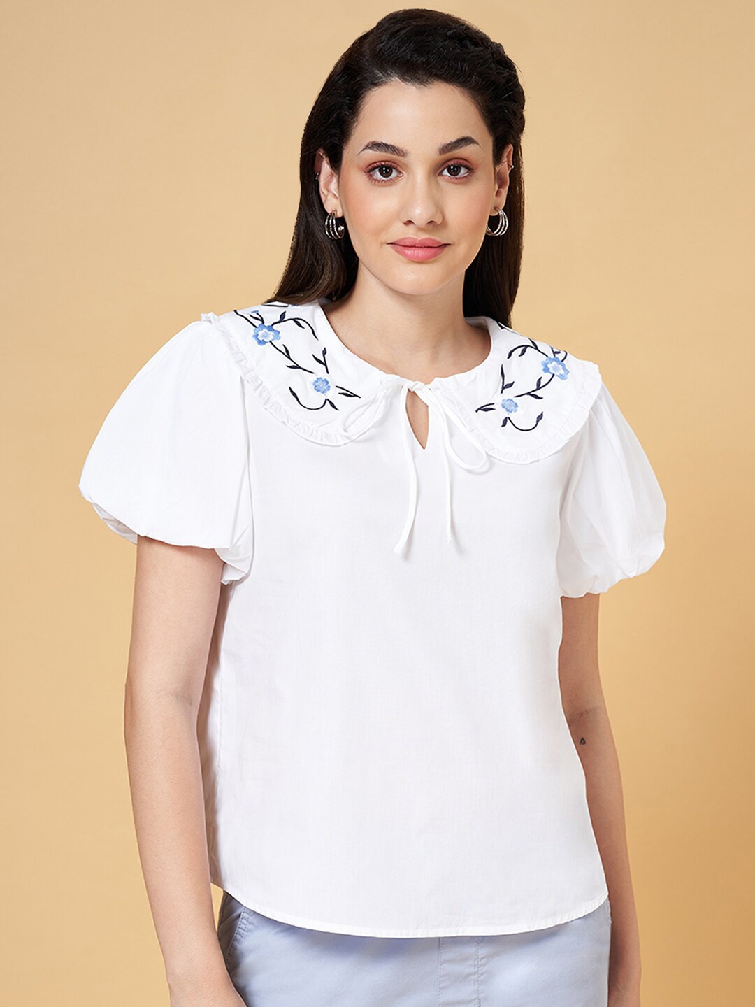 

Honey by Pantaloons Tie-Up Neck Puff Sleeves Cotton Top, White