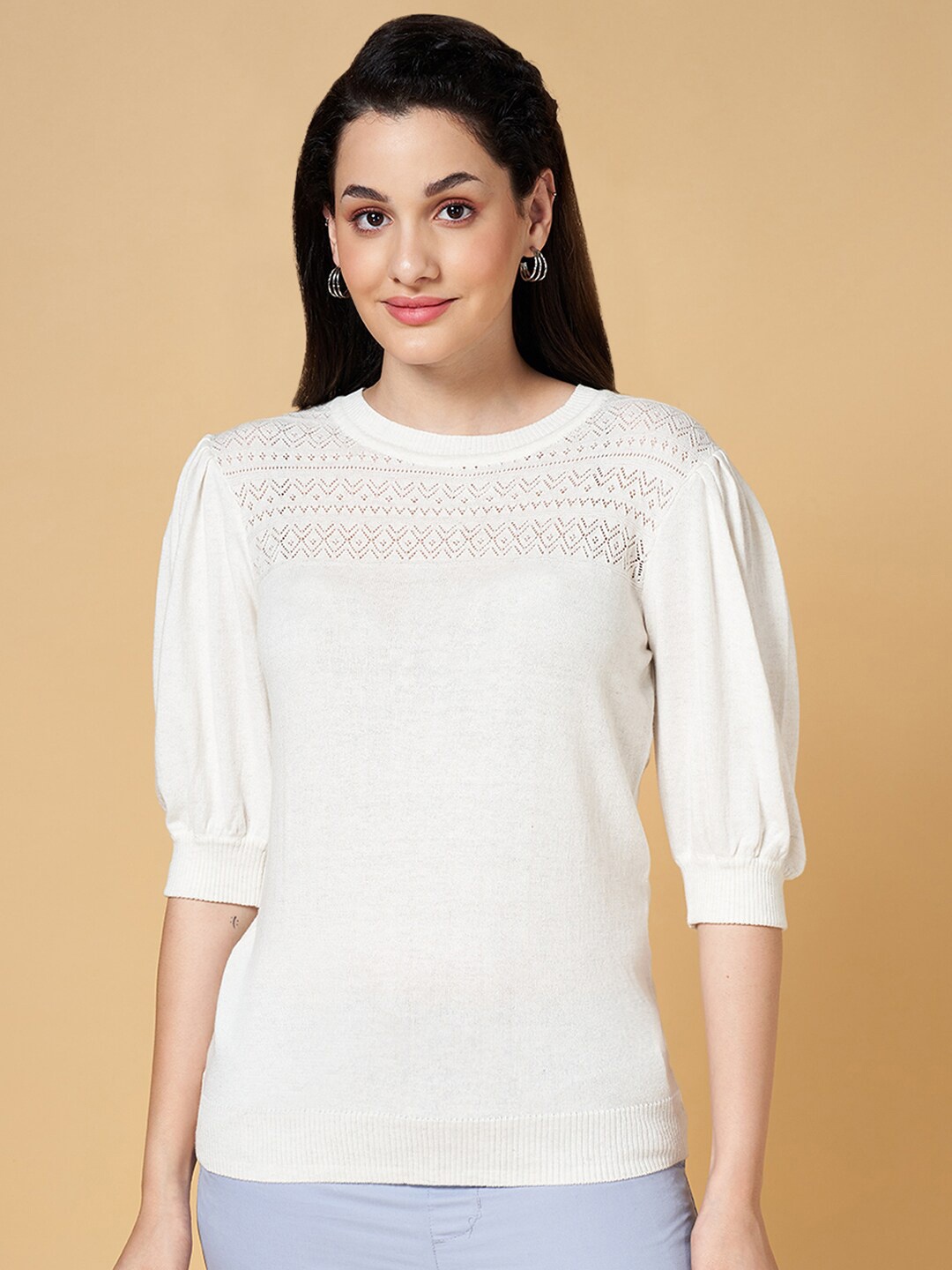 

Honey by Pantaloons Round Neck Puff Sleeves Top, Off white