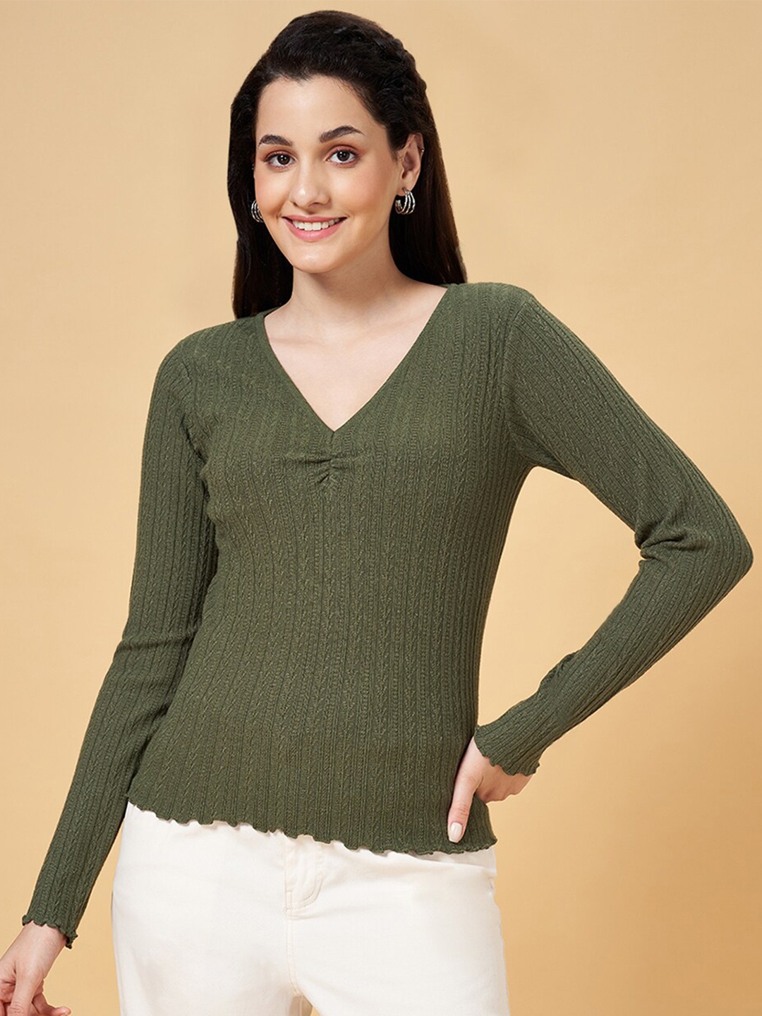 

Honey by Pantaloons Self Design V-Neck Top, Olive