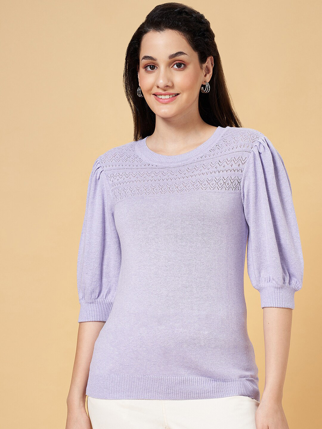 

Honey by Pantaloons Self Design Puff Sleeve Cotton Regular Top, Lavender
