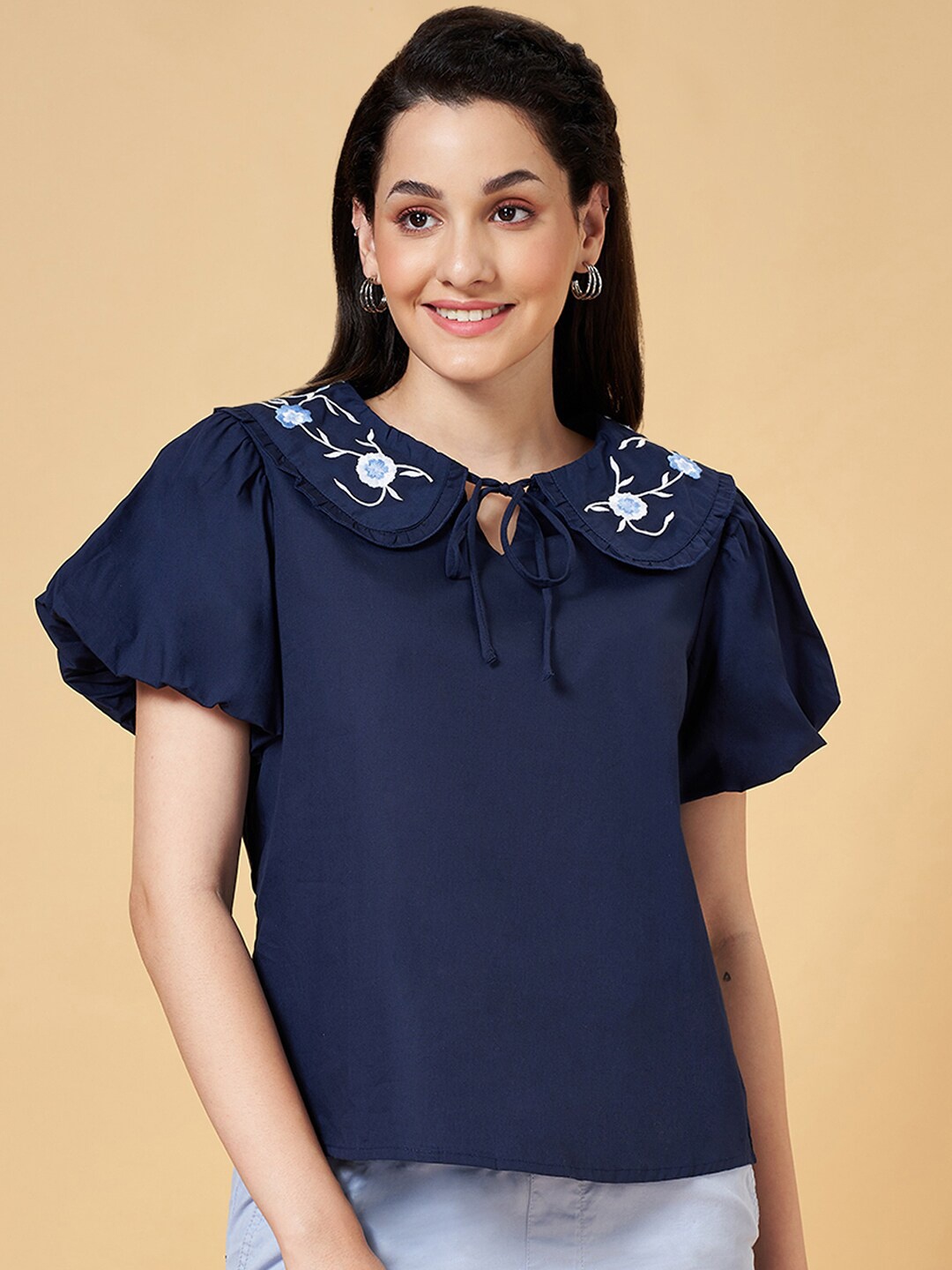 

Honey by Pantaloons Floral Embroidered Tie-Up Neck Cotton Top, Navy blue