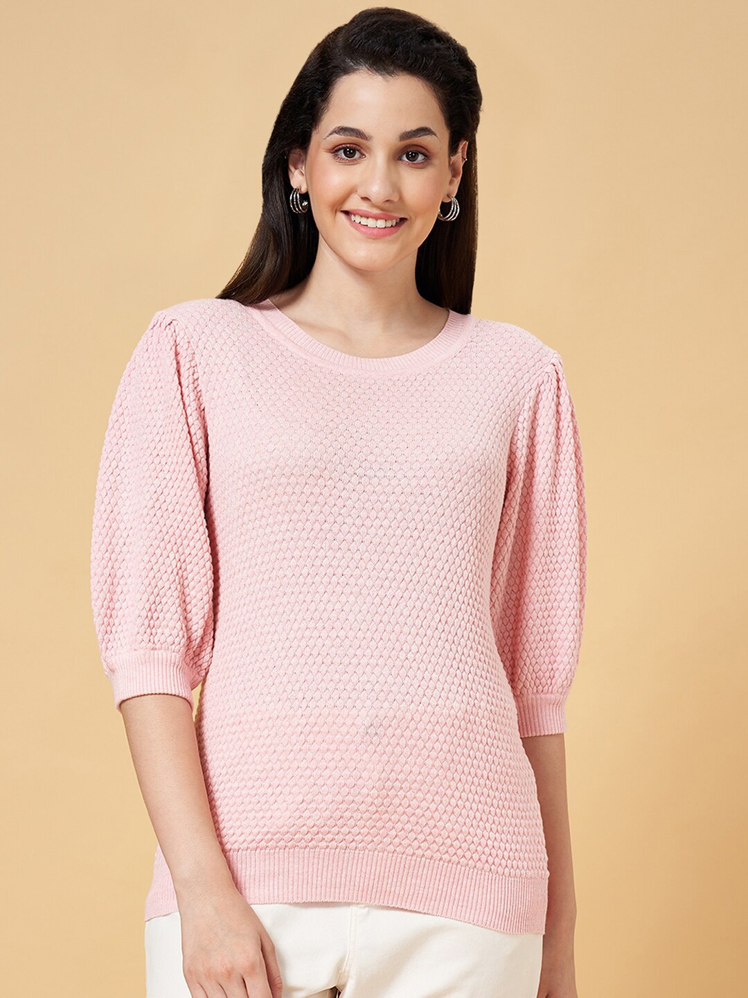 

Honey by Pantaloons Self Design Puff Sleeve Top, Pink