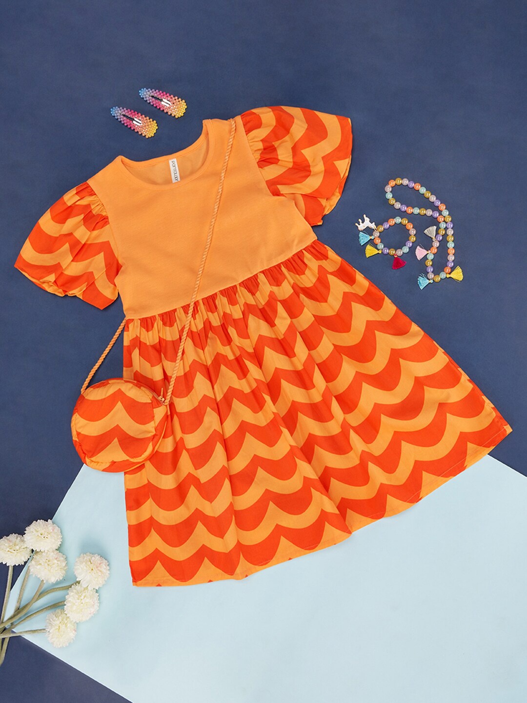 

Pantaloons Junior Girls Geometric Printed Cotton Dress, Orange