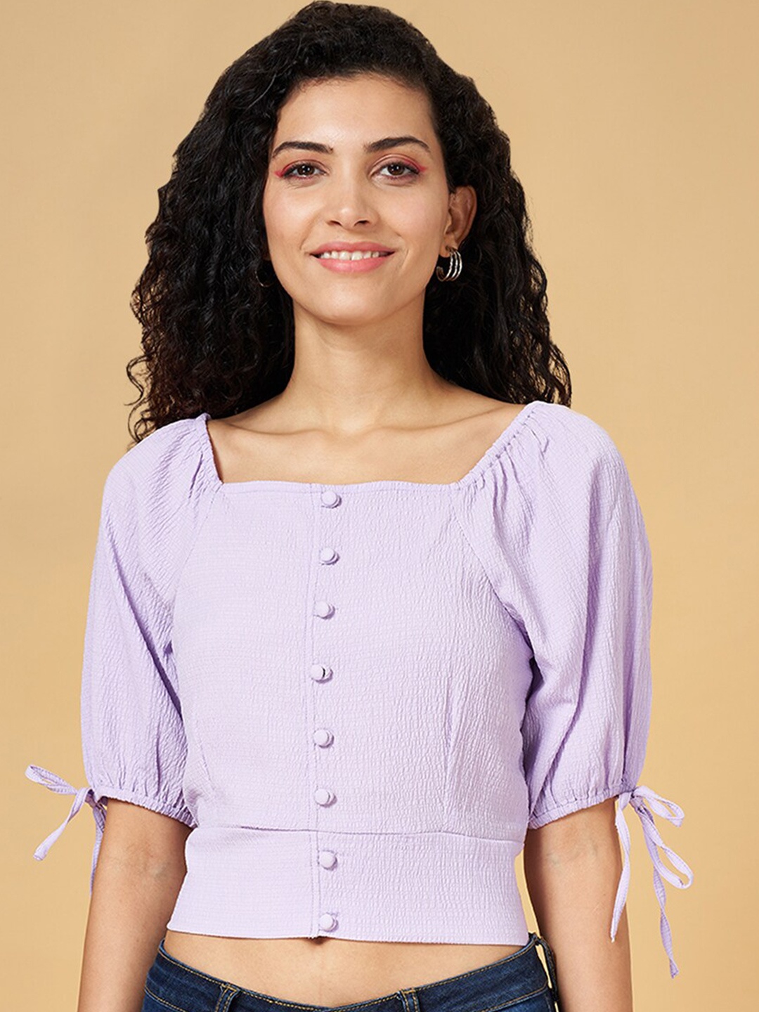 

People Textured Puff Sleeve Crop Top, Lavender