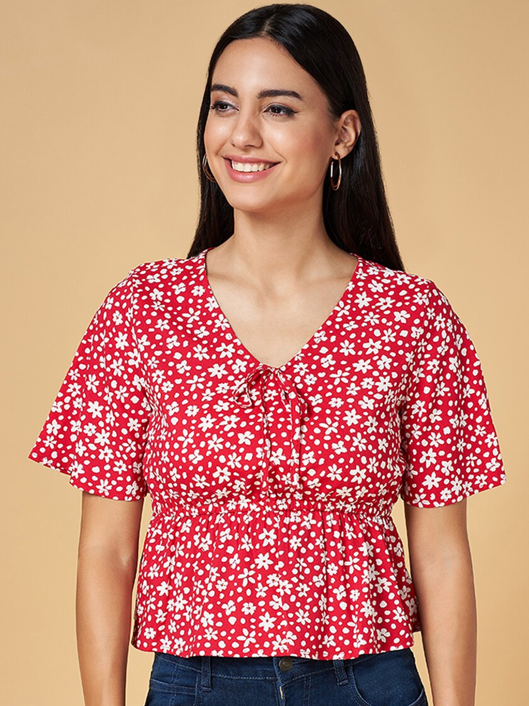 

People Floral Printed Flared Sleeve Cinched Waist Top, Red