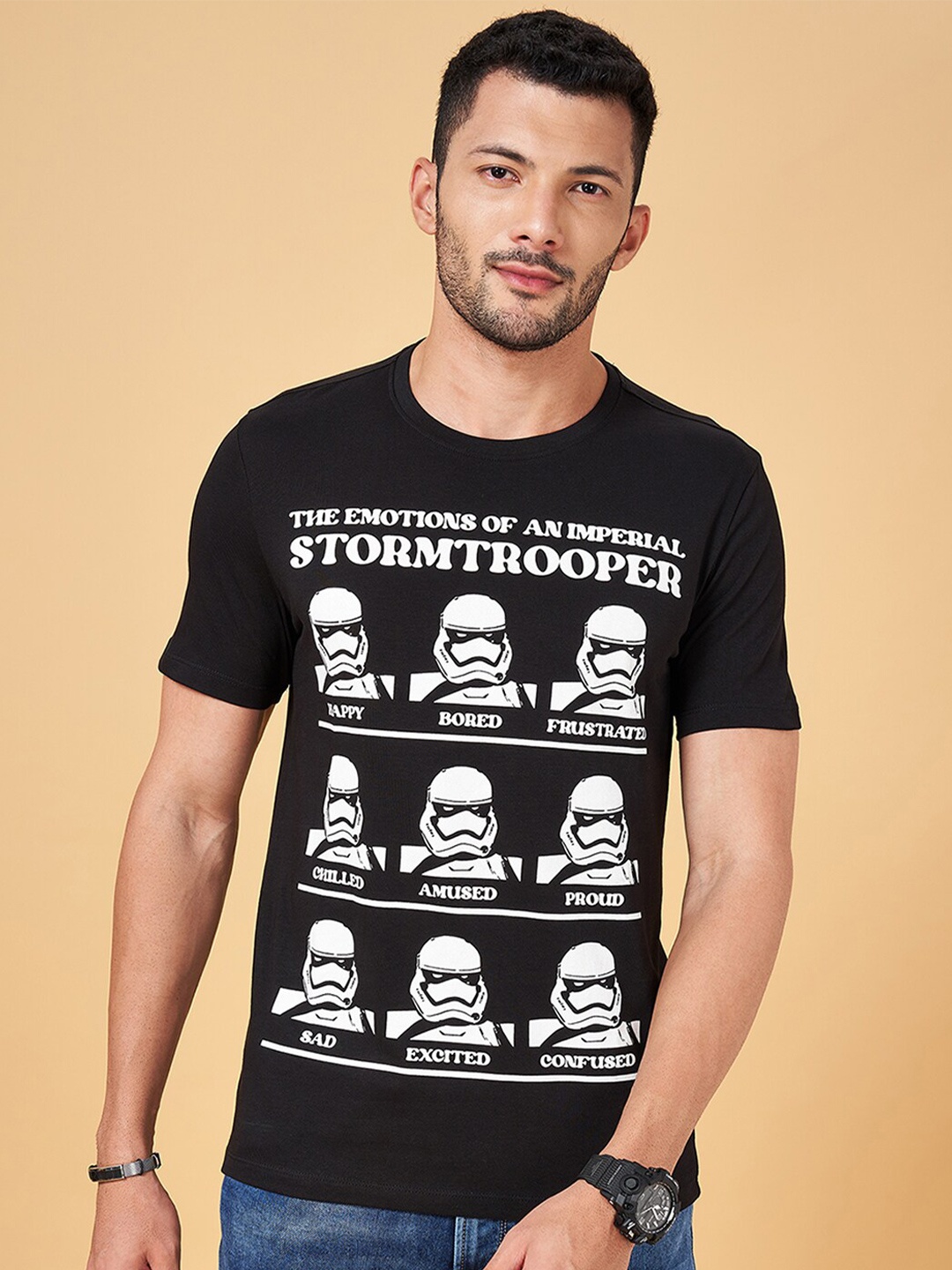 SF JEANS by Pantaloons Graphic Printed Cotton Slim Fit T-shirt, Black
