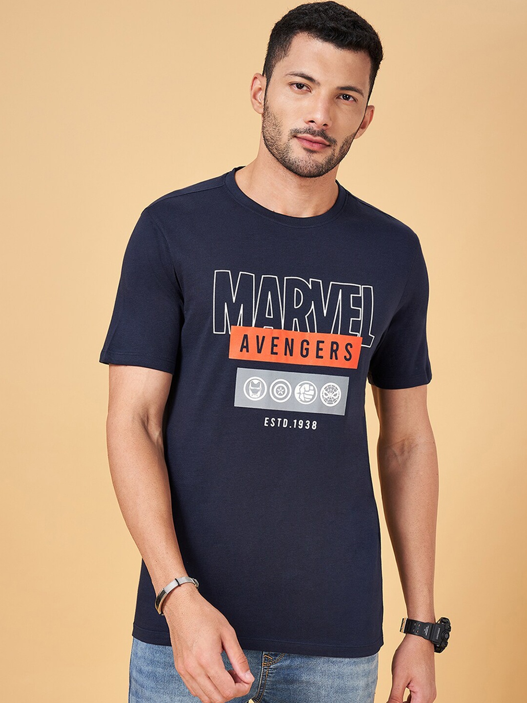 

SF JEANS by Pantaloons Typography Printed Slim Fit Cotton T-shirt, Navy blue