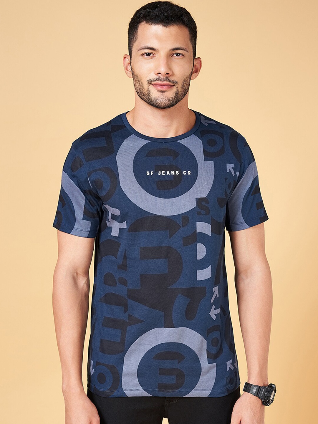 

SF JEANS by Pantaloons Geometric Printed Cotton T-shirt, Navy blue