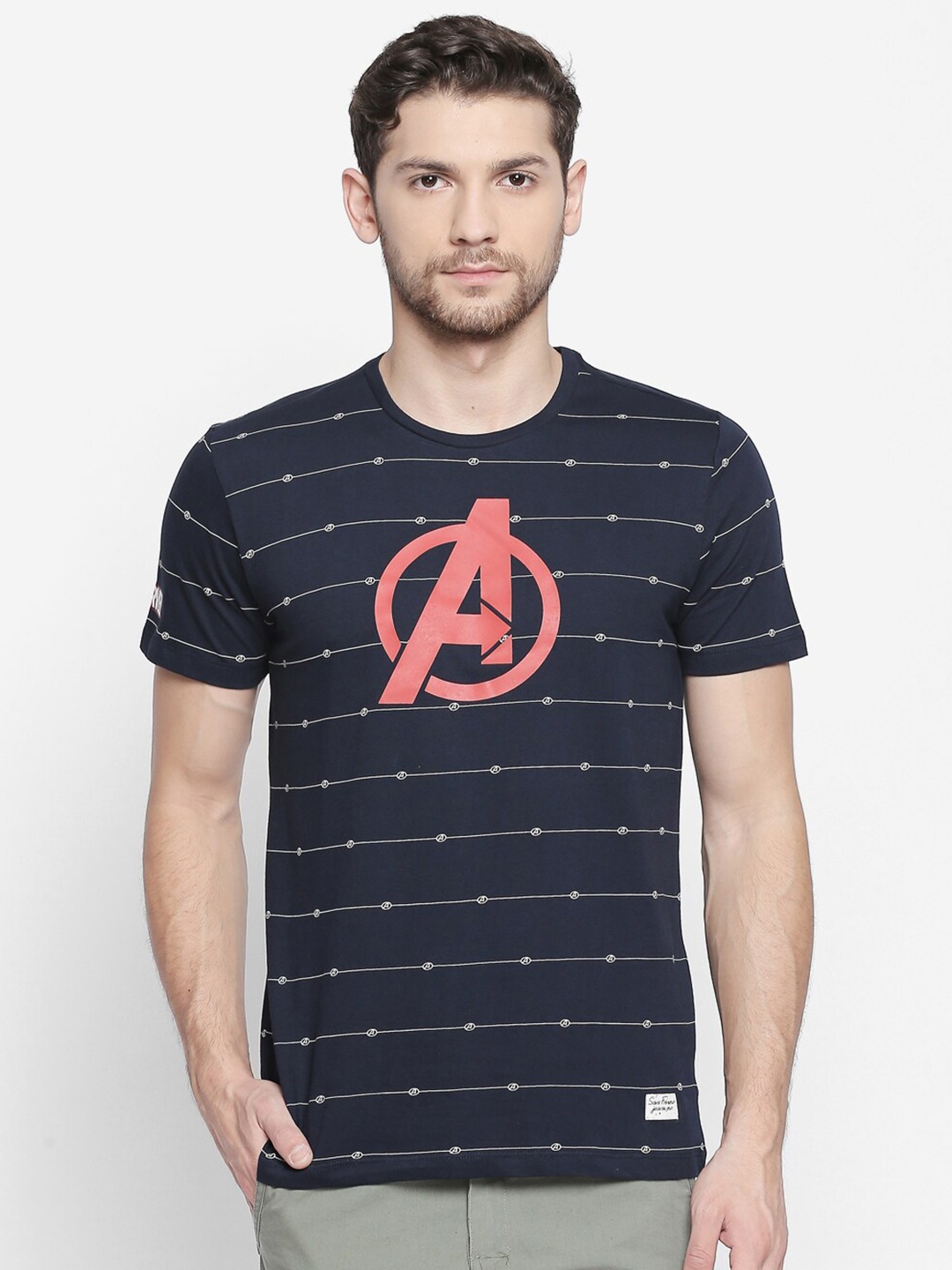 

SF JEANS by Pantaloons Typography Printed Slim Fit Cotton T-shirt, Navy blue