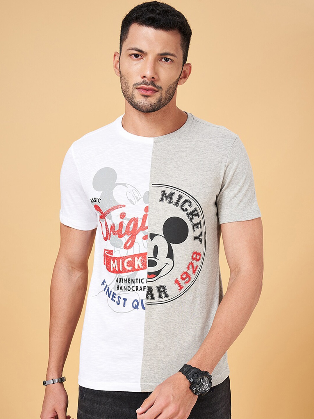 

SF JEANS by Pantaloons Mickey Mouse Printed Slim Fit Cotton T-shirt, Grey