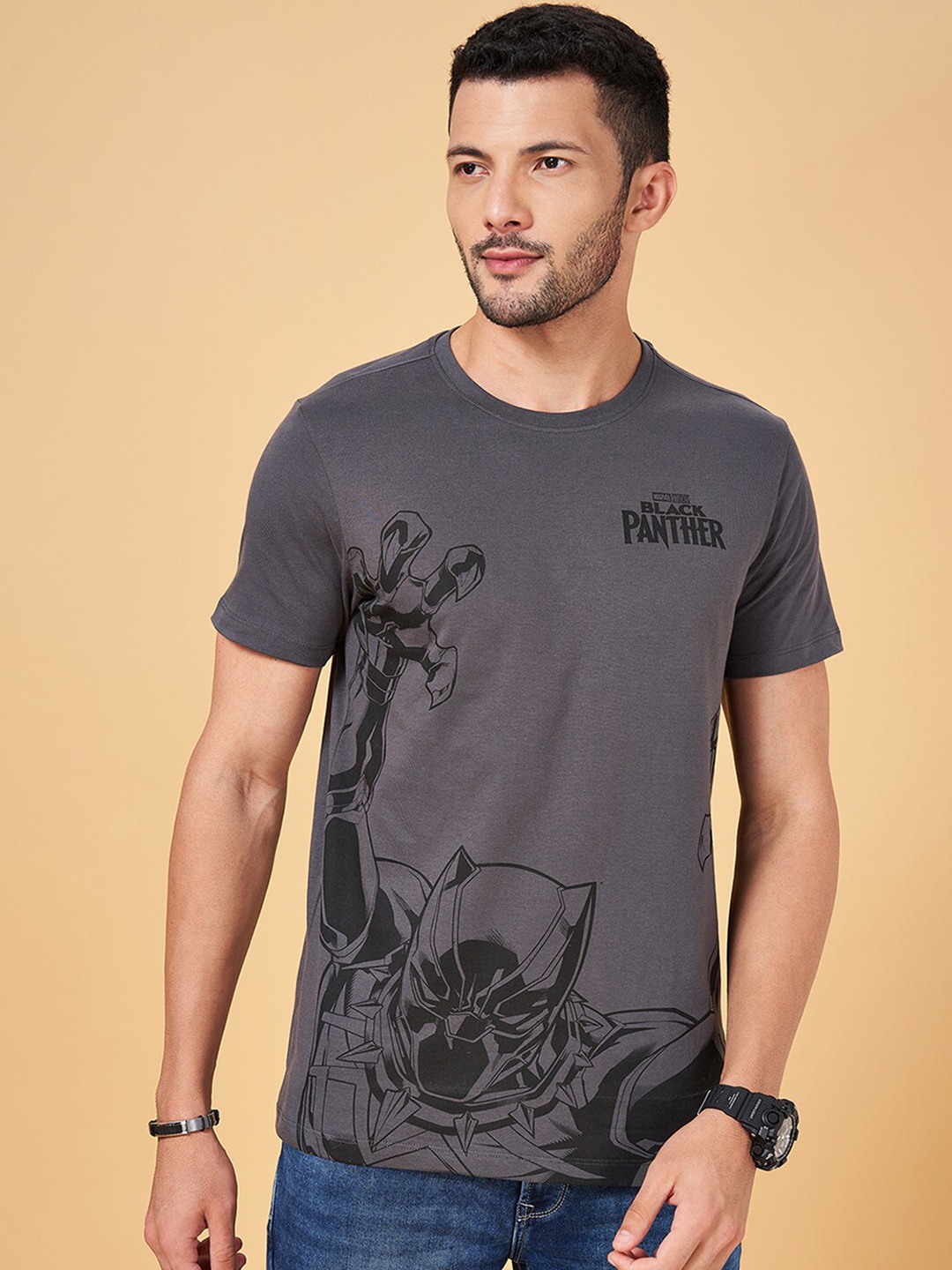 

SF JEANS by Pantaloons Black Panther Printed Cotton T-shirt, Grey