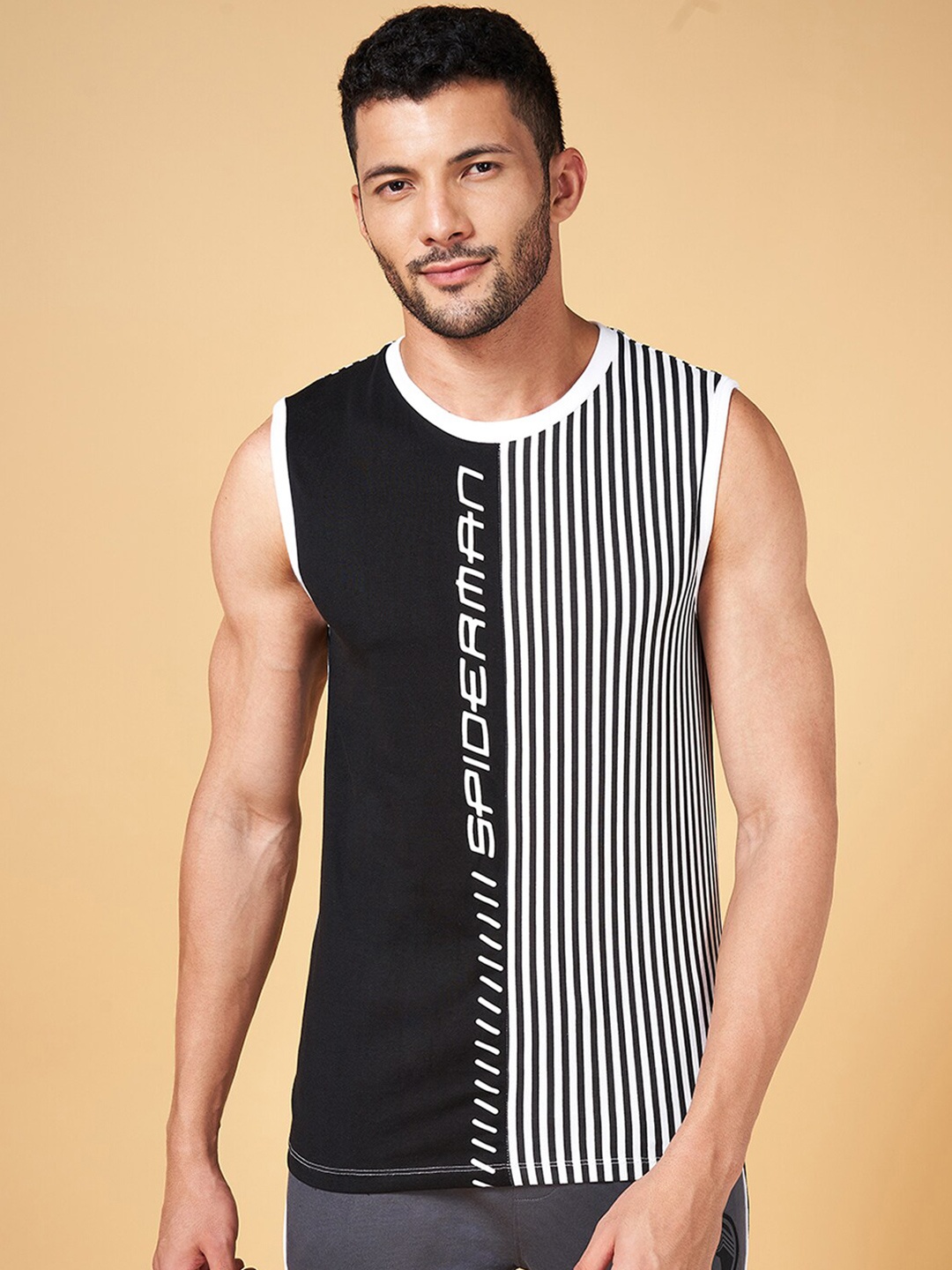 

SF JEANS by Pantaloons Striped Sleevless Slim Fit Cotton T-shirt, Black