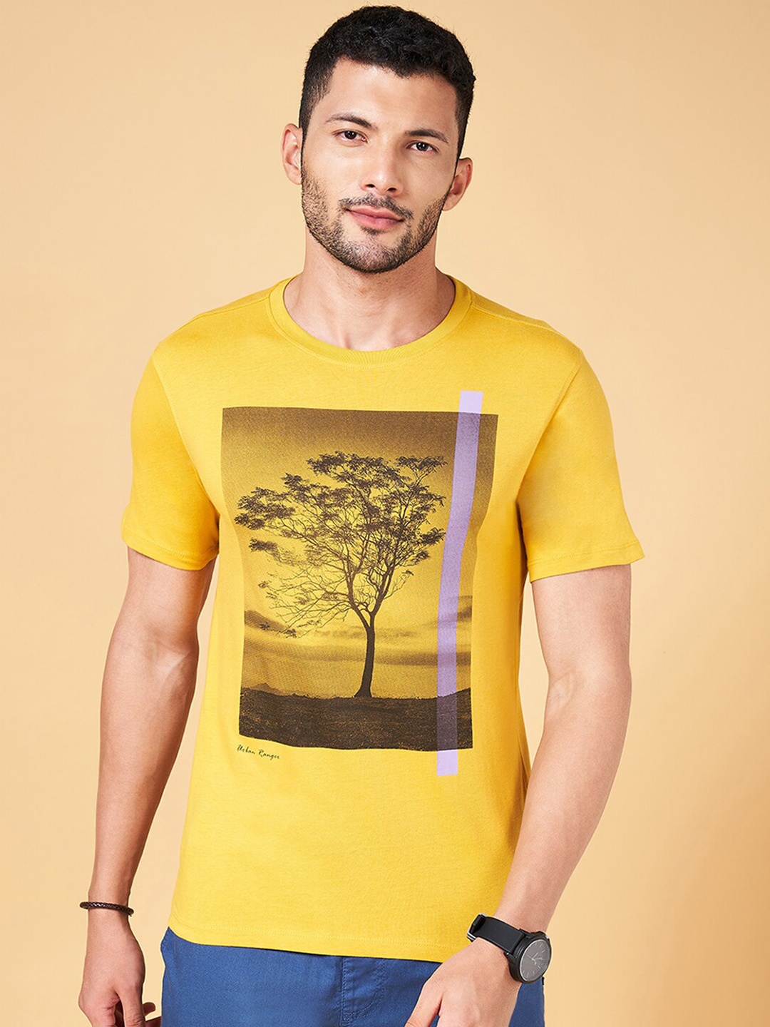 

Urban Ranger by pantaloons Printed Round Neck Cotton T-shirt, Mustard
