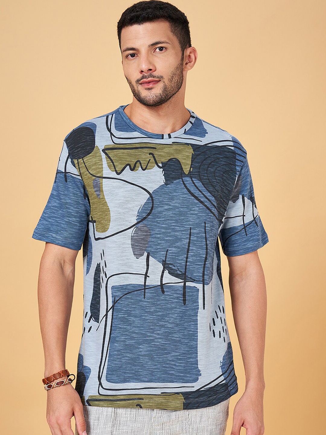 

7 Alt by Pantaloons Abstract Printed Round Neck Pure Cotton Relaxed Fit T-shirt, Blue