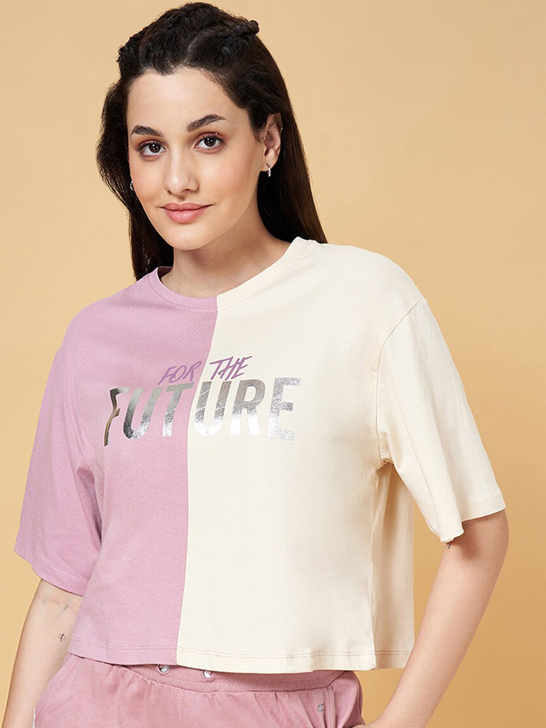 Ajile by Pantaloons Typography Printed Round Neck Pure Cotton Relaxed Fit T-shirt, Pink