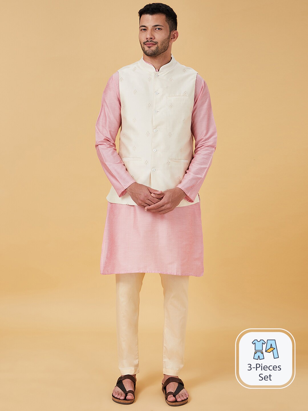 

indus route by Pantaloons Woven Design Mandarin Collar Nehru Jacket, Beige