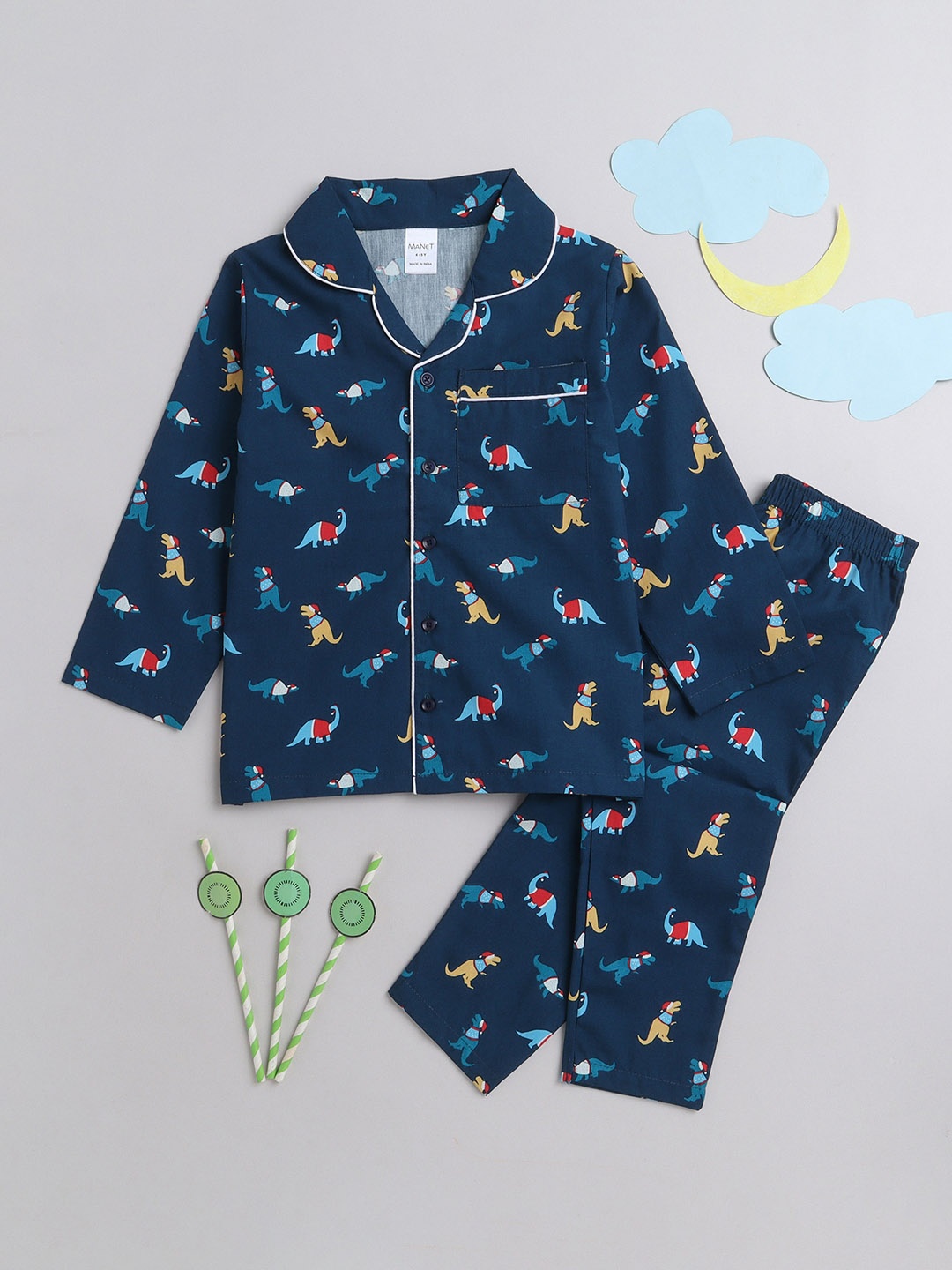 

MANET Boys Conversational Printed Lapel Collar Cotton Night suit, Blue