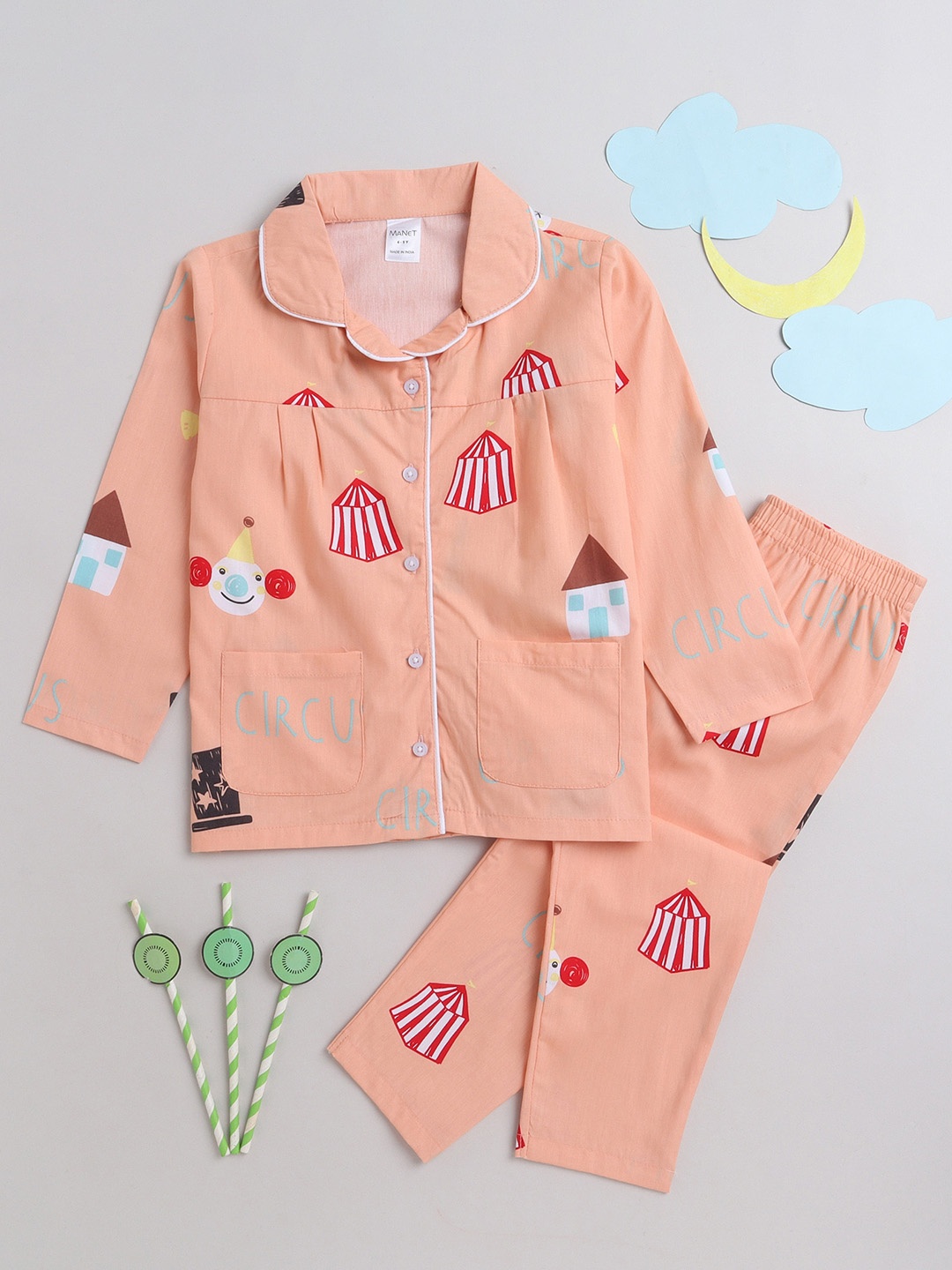 

MANET Girls Conversational Printed Shirt Collar Cotton Night suit, Peach